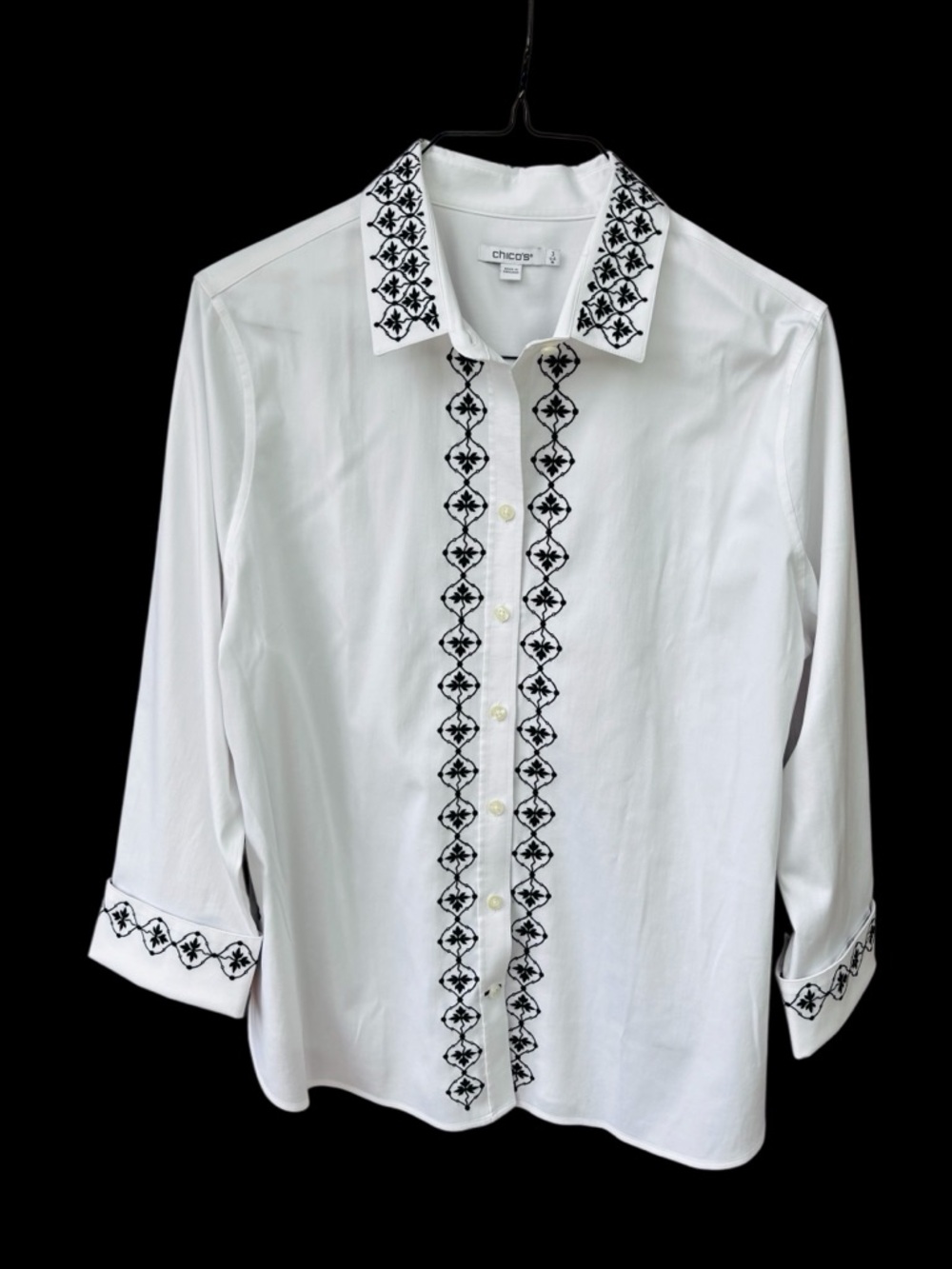 Chicos Size 3 Button down wrinkle free white shirt black embroidery 16 plus BOHO - Picture 5 of 6